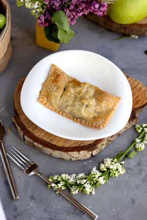 cracker filled with cheese and herbsの写真素材