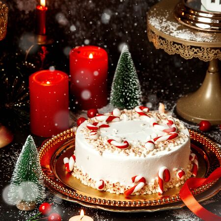 creamy dessert covered with candiesの写真素材
