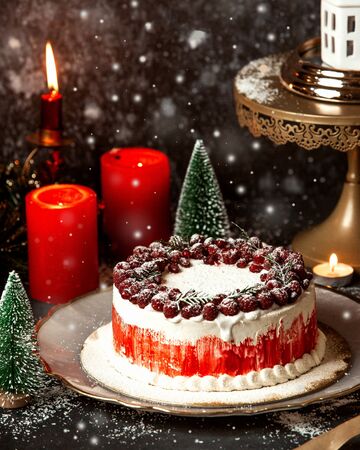 creamy dessert topped with raspberriesの写真素材