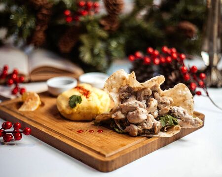 flapjack with meat in sauceの写真素材