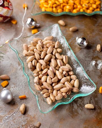 fried pistachios and fried cornの写真素材