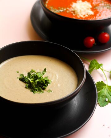 mushroom soup and tomato soupの写真素材