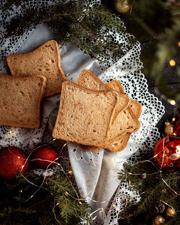 sliced bread with new year toysの写真素材
