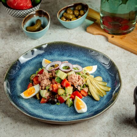 tuna salad with eggs and picklesの写真素材