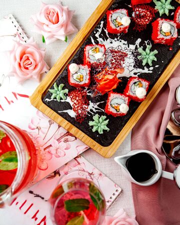 California sushi and wasabi flowers on a trayの写真素材