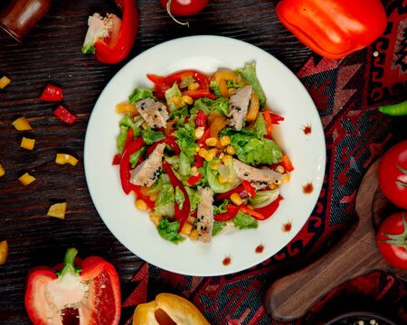 chicken salad with corn pepper and lettuceの写真素材