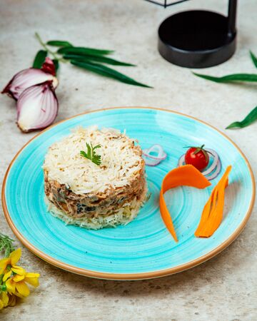 rice with chicken and mushrooms in a creamy sauceの写真素材