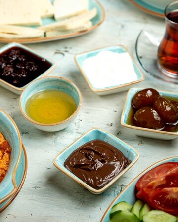 breakfast of honey chocolate and fig jamの写真素材