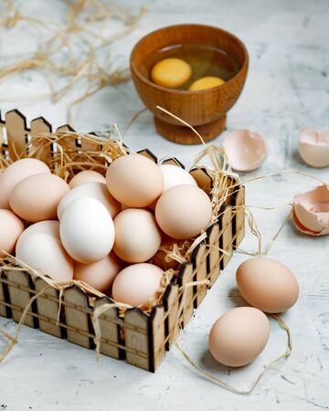 fresh village eggs on the tableの写真素材