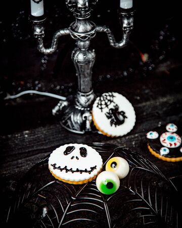 skull-shaped royal icing cookies for Halloweenの写真素材
