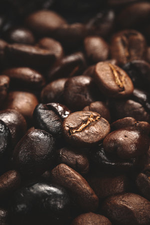 close up view of coffee seeds on dark surface textured cocoa grainの写真素材