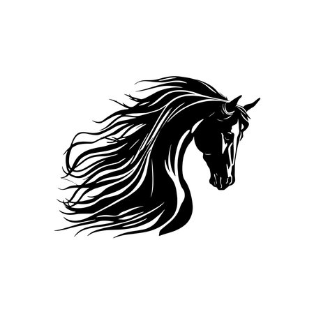 Horse head with long mane, black and white vector illustrationのイラスト素材