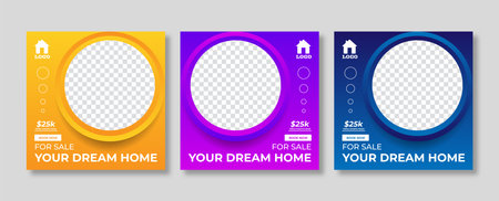 Set of Editable minimal square social media banner template. Suitable for social media posts an ad, advertisements, advertising, announcement, brochure, and web internet ads. homeのイラスト素材