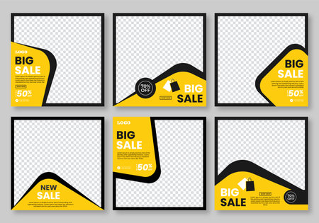 Set of minimal square social media banner template Yellow color. Social media sale post. Flat and minimalist. Suitable for fashion social media posts and web internet ads.のイラスト素材