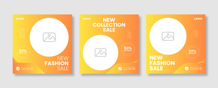 Set of minimal square social media banner template Yellow color. Social media sale post. Flat and minimalist. Suitable for fashion social media posts and web internet ads.のイラスト素材