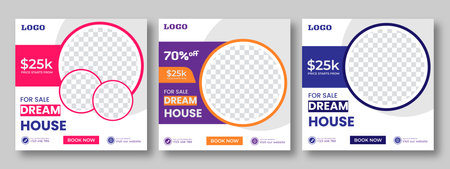 Set of Editable minimal square social media banner template. Suitable for social media posts an ad, advertisements, advertising, announcement, brochure, and web internet ads. homeのイラスト素材