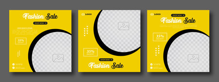 Set of minimal square social media banner template Yellow color. Social media sale post. Flat and minimalist. Suitable for fashion social media posts and web internet ads.のイラスト素材