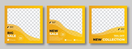 Set of minimal square social media banner template Yellow color. Social media sale post. Flat and minimalist. Suitable for fashion social media posts and web internet ads.のイラスト素材