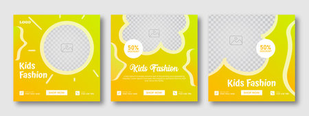Kids fashion sale minimal square social media banner template. Social media sale post. Yellow and White background color with stripe line shape. Suitable for social media posts andのイラスト素材