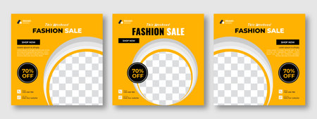 Set of minimal square social media banner template Yellow color. Social media sale post. Flat and minimalist. Suitable for fashion social media posts and web internet ads.のイラスト素材