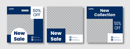 Set of minimal square social media banner template. Social media sale post. Flat and minimalist. Suitable for fashion social media posts and web internet ads.のイラスト素材