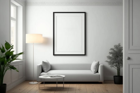 Living room interior with blank poster on wall. Mock up, 3D Renderingの素材