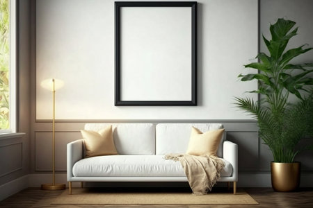 Living room interior with empty poster on wall. Mock up, 3D Renderingの素材