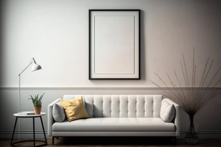 Modern living room interior with white sofa, lamp and plant. Mock up, 3D Renderingの素材