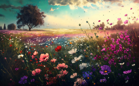 Field of colorful flowers with tree in the background. Photo in retro style.の素材