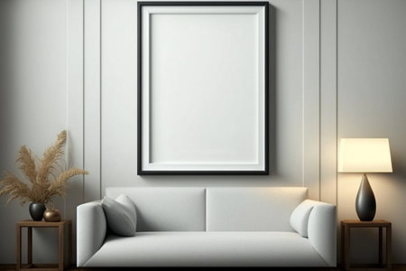 Mock up poster frame in interior background, 3d render illustrationの素材