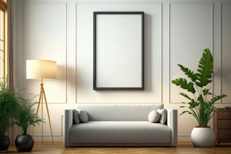 Mock up poster frame in interior background, 3D Illustrationの素材