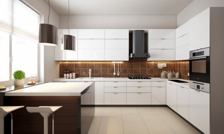 3d Illustration of white modern kitchen in a house with a beautiful designの素材