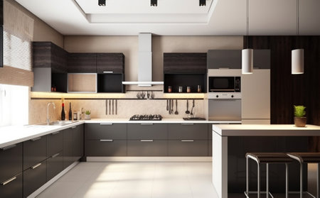 3d Illustration of black modern kitchen in a house with a beautiful designの素材