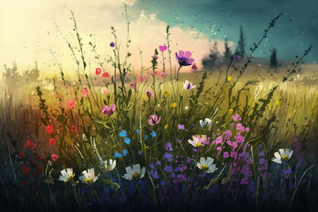 Beautiful summer meadow with wildflowers at sunset, digital paintingの素材