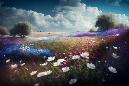 Beautiful spring landscape with blue flowers and trees in the meadowの素材