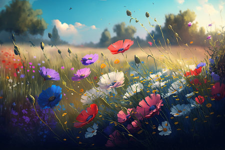 Summer meadow with poppies and daisies. Digital painting.の素材