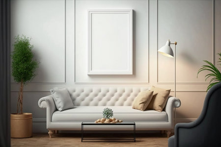 Mock up poster frame in interior background, 3d render illustrationの素材