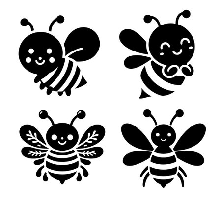 Set of cute cartoon bees. Vector illustration isolated on white background.のイラスト素材