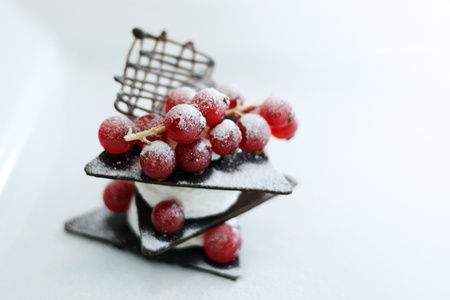 Sweet cake from chocolate with a red currantの写真素材