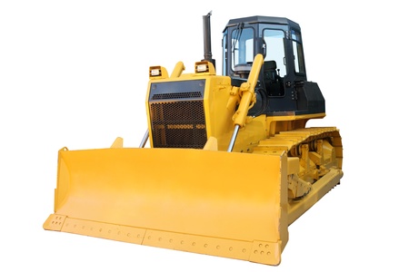 The modern yellow bulldozer isolated on a white backgroundの写真素材
