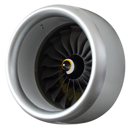 Part of a modern turbofan engine isolated on white background.