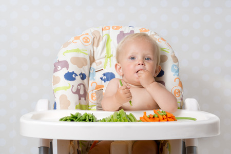 Baby girl sitting in a highchair eating raw, seasonal vegetables: carrots, beans, peas, celeryの写真素材