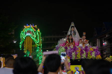 Bangkok, Thailand - September 14, 2015: Unidentified people and dragon dance celebrating Vegetarian  in China Town (Yaowarat), Bangkok, Thailand.のeditorial素材