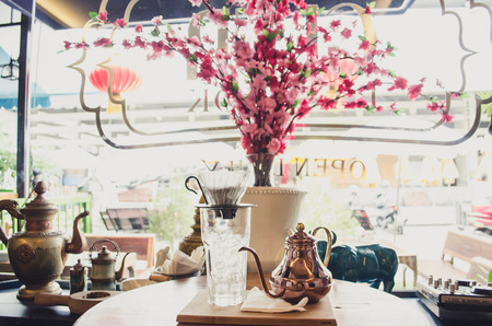 Set coffee in a coffee shop. Background blurred highlights.の写真素材