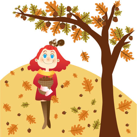 An Autumn Girl and a Little Squirrel are picking nutsのイラスト素材