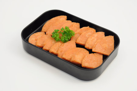 Fried luncheon meat in a plateの写真素材