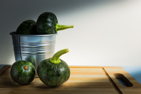 Young green pumpkin and metal tank on wood supportの写真素材