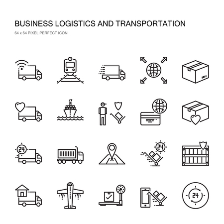 Business logistics and Transportation pixel perfect icon set. Delivery by truck train ship and plane include box, wooden box container and other icons.のイラスト素材