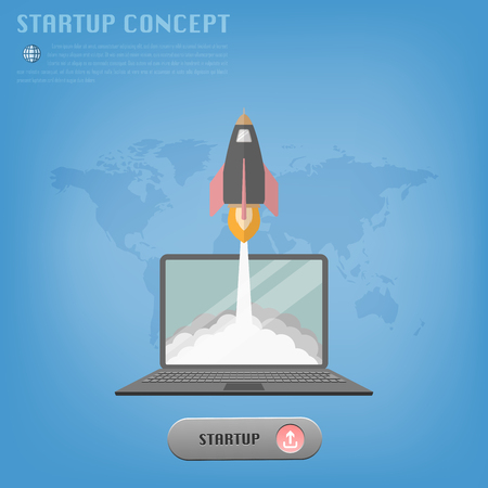 Startup concept with rocket launch from laptop to the outside. Include start up button and world map backgroundのイラスト素材