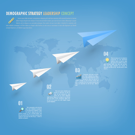 Demographic Strategy leadership concept with Origami paper plane style on layer step background. Include flat icons set glass, megaphone, graph and light bulb.のイラスト素材